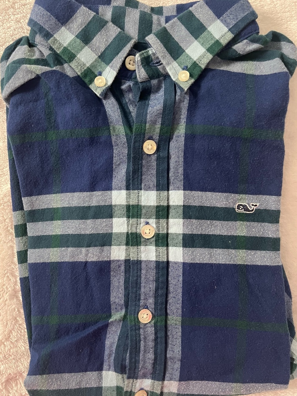 Vineyard Vines flannel Navy, Green & Light Blue Plaid Whale Shirt boys L(16)